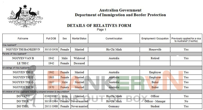 Tờ khai chi tiết về nhân thân xin visa Úc page 1