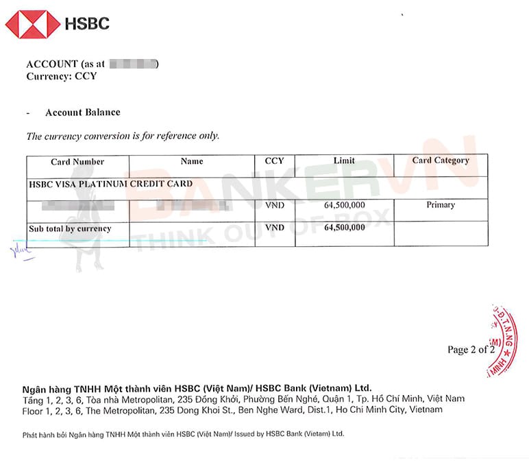 Giấy xác nhận số dư ngân hàng HSBC 2