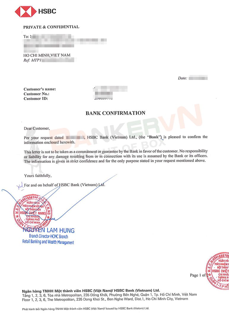 Giấy xác nhận số dư ngân hàng HSBC