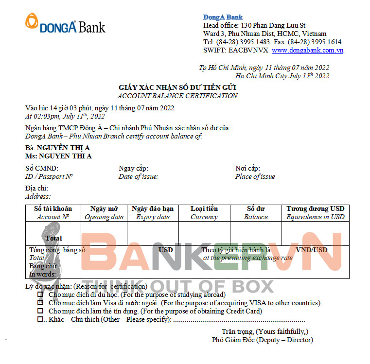 giấy xác nhận số dư ngân hàng Đông Á