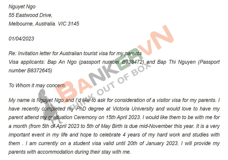 Mẫu thư mời xin visa Úc