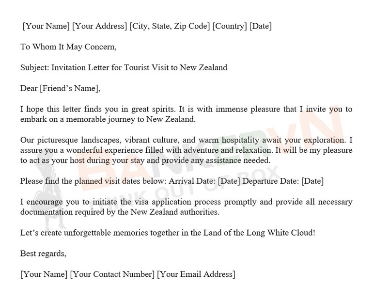 Mẫu thư mời du lịch New Zealand (Tourist Visit Invitation Letter)