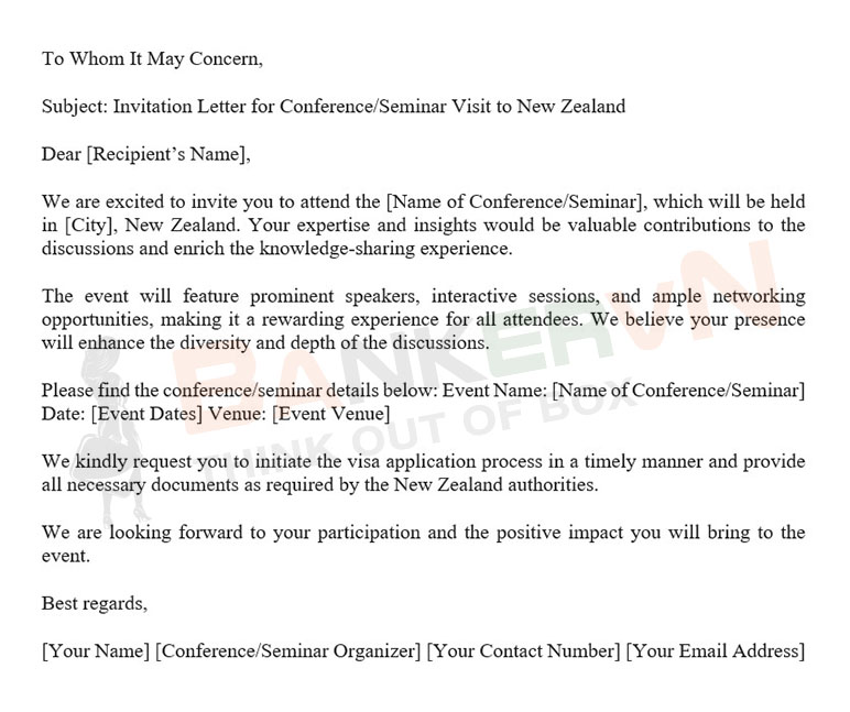 Mẫu thư mời hội thảo công tác New Zealand (ConferenceSeminar Visit Invitation Letter)